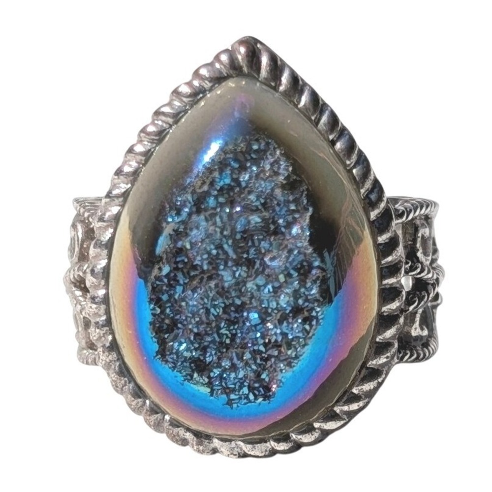 Iridescent Titanium‎ Druzy Teardrop Sterling Silver 925 Ring Filigree Band 7